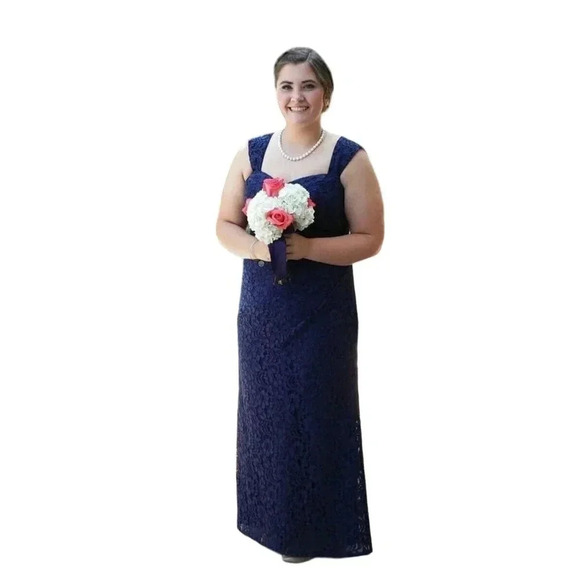 David’s‎ Bridal plus-size 16 navy blue lace ruched front sleeveless evening gown - Picture 1 of 10